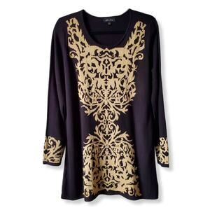 Women Black Gold Melissa Paige Tunic Sweater L Holiday NYE Sparkle Cocktail